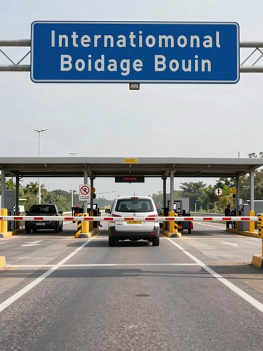 Wide documentary shot of a vehicle at an international border crossing checkpoint, overhead road signs in two languages visible in the upper frame, neutral daylight illuminating the lane markings and barrier, no people visible