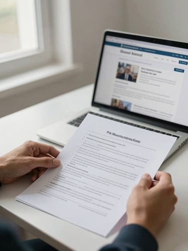 Documentary mid-shot of a pair of hands reviewing official documents on a desk beside a laptop showing a government portal, clean neutral window light from the left, no face visible, compliance work in progress
