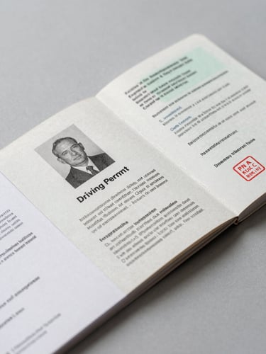 Close-up documentary flat-lay of an official International Driving Permit booklet open on a clean neutral-grey surface, fine printed text and stamps visible under diffused studio light, a second folded document partially overlapping in the lower left corner