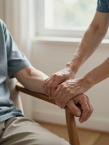 Close-up of a caregiver's steady hand gently holding an elderly client's forearm on a wooden armchair in a sunlit home living room, soft morning daylight through a window, care and attentiveness visible in the posture