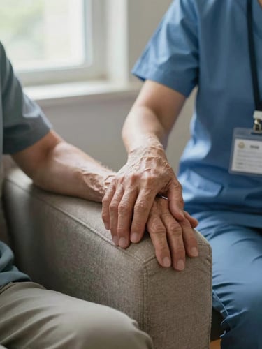 Environmental shot of a caregiver's hand resting on an elderly client's hand on a home sofa armrest, soft morning light from a side window, a credential ID badge visible clipped to the caregiver's uniform
