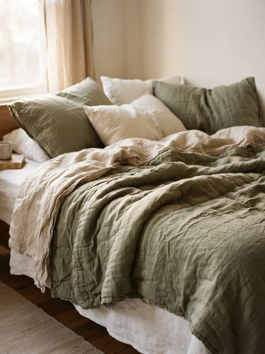 Soft afternoon side-light falling across an unmade bed layered with a heavy-weight linen quilt, unpressed texture, 35mm photography