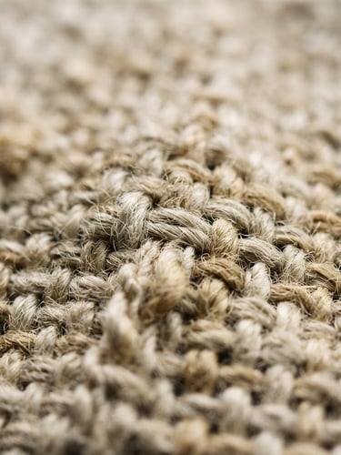 Tight macro shot of heavy-weight unpressed oatmeal linen fabric weave, soft afternoon side-light, shallow depth of field, 35mm