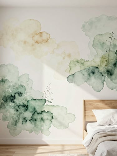 A finished watercolor mural with soft green and earthy pastel tones on a bedroom wall, positioned next to a minimalist wooden bed, sunlit by soft diffused window light