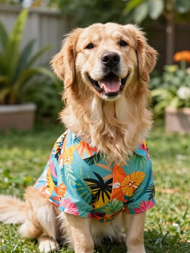 A joyful golden retriever wearing a colorful tropical print shirt, sitting happily in a sunlit garden, vibrant lifestyle pet photography, shallow depth of field