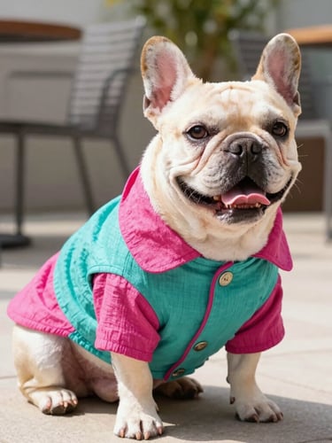 Vibrant lifestyle pet photography, bright natural daylight, a happy French Bulldog wearing a custom-tailored colorful teal and magenta linen coat, sitting comfortably on a sunny patio, shallow depth of field, 35mm lens