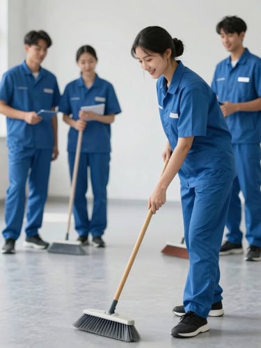 Medium shot of a professional, friendly team member in a clean uniform sweeping a light grey floor with a broom, soft natural daylight, calm and respectful atmosphere.