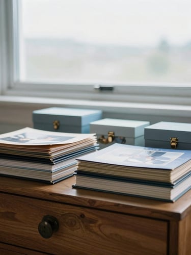 An organized wooden chest with neatly stacked photo albums and small keepsake boxes on top, soft overcast daylight coming from a window, warm and respectful tone, 35mm lens