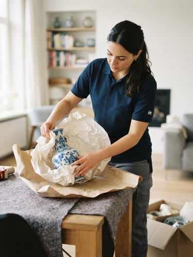 A professional team member in a clean uniform carefully wrapping a vintage ceramic vase in protective paper inside a bright, organized Dutch home, soft natural daylight, respectful atmosphere, 35mm lens