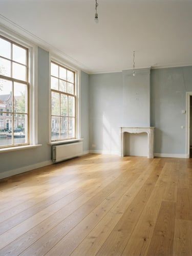 A clean, bright, empty living room in Haarlem after a successful clearance, sunlight streaming through large windows onto a perfectly swept wooden floor, calm and serene atmosphere.