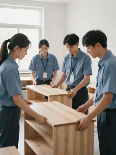 Professional team members in uniform carefully organizing wooden furniture in a clean, bright room, soft natural overcast light, respectful atmosphere, 35mm lens