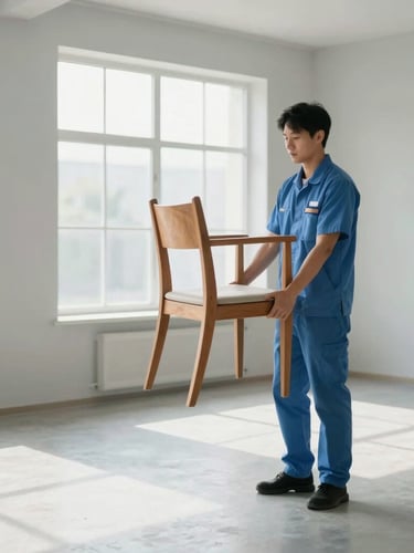 Professional team member in clean uniform carefully carrying a wooden chair in a bright, spacious, nearly empty living room with sunlight streaming through a large window, soft natural daylight, calm blue and grey tones
