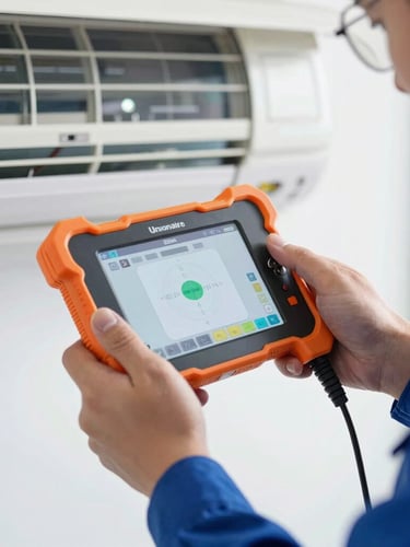 Close-up of a professional technician's hands using digital diagnostic tools on a modern Unionaire air conditioner control board, bright daylight, realistic workshop setting, 35mm