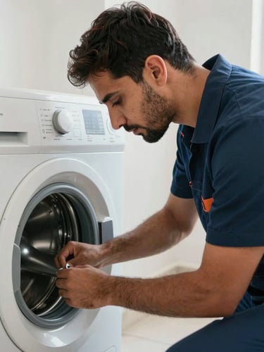 Professional Egyptian technician in a clean dark blue uniform repairing a washing machine drum, focused expression, bright natural indoor lighting, 35mm