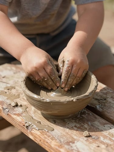 Child-eye-level shot of a toddler's hands covered in wet clay, shaping a small bowl on a rustic wooden bench, warm sunlight glinting off the clay.