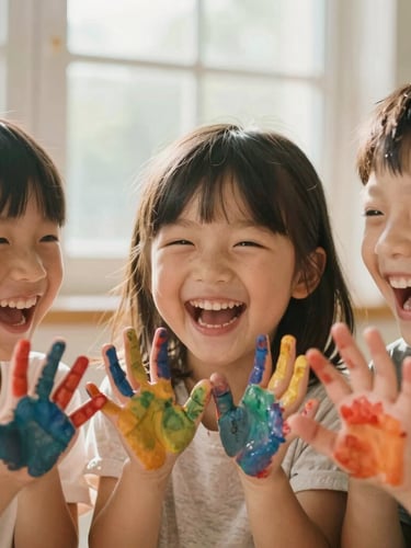 A close-up, child-eye level shot of three young children laughing together, their hands covered in colorful finger paint, warm morning light streaming through a window.