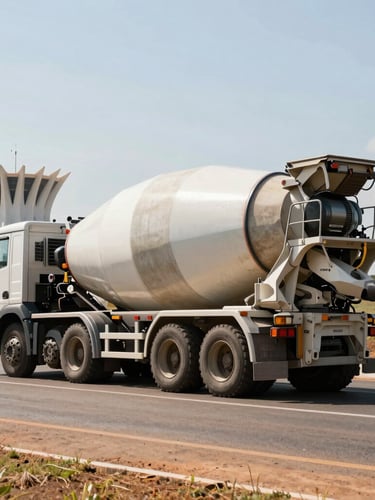 A heavy-duty concrete mixer truck driving on a clean asphalt road in Brasília, geometric architecture in the distant background, bright daylight