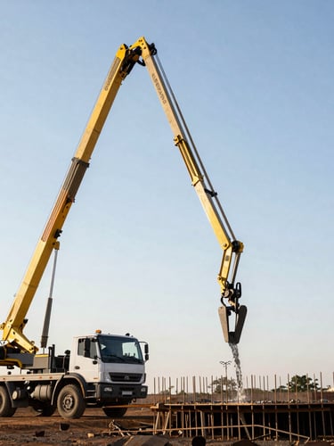 Low-angle shot of a heavy concrete boom pump extended against a bright, dry Brasília sky, active concrete pour on a structural slab.