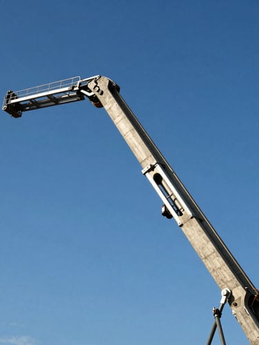 Low-angle shot of a massive concrete boom pump extended against the bright blue Brasília sky, high-contrast daylight, raw steel textures.