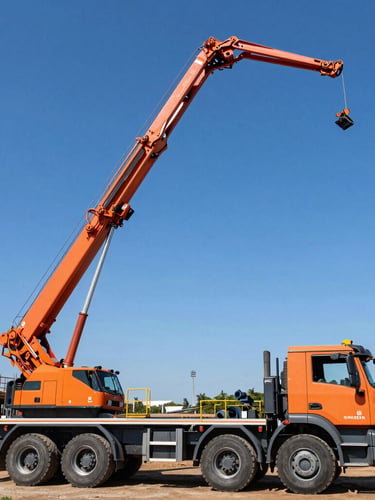 Low-angle dynamic shot of a massive concrete boom pump truck painted in safety orange, extending its metallic arm high into a bright clear blue Brasília sky, active construction site in the background, high contrast daylight.