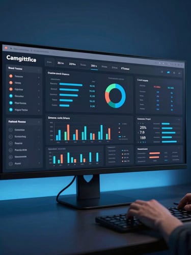 Sleek tech photography of a developer analyzing a dark-themed campaign analytics dashboard on a wide screen, cool studio lighting with neon blue ambient accents, sharp focus, 35mm
