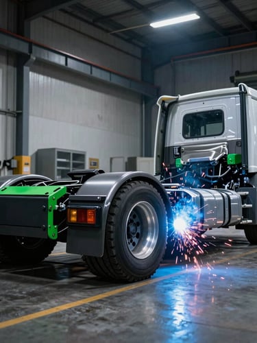 Low-angle dynamic shot of a custom commercial truck chassis inside a high-tech fabrication workshop, blue welding sparks, cool metallic tones, sharp details, 35mm lens