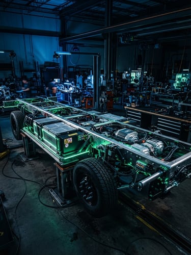 Dynamic low-angle shot of a custom electric cargo truck chassis inside a high-tech workshop, dramatic blue and electric green ambient lighting, sharp metallic details.