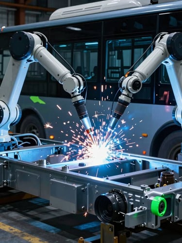 Close-up of a heavy-duty electric bus chassis under construction, sparks flying from robotic welding arms, cool metallic blue tones, sharp details, 35mm lens