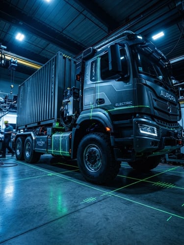 Low-angle dramatic shot of a custom specialized electric cargo truck inside a high-tech industrial workshop with electric green laser alignment lines, metallic blue ambient lighting, 35mm lens
