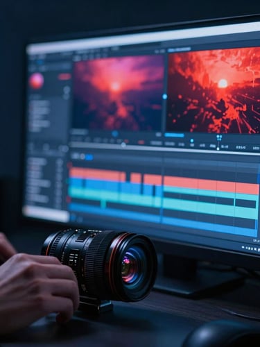 Moody high-contrast close-up of a digital designer working on a high-end editing suite, color grading a video with vibrant red and blue hues on the screen, cinematic corporate photography, 35mm lens.