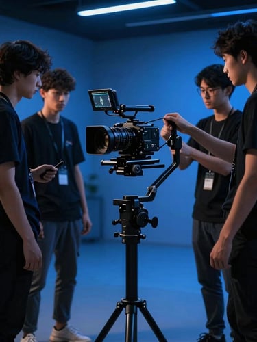 Cinematic corporate photography of a professional video production team adjusting a high-end camera on a stabilizer inside a modern studio, moody high-contrast lighting with deep navy and electric blue tones, 35mm lens.