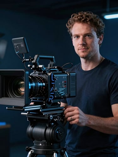 Cinematic portrait of a creative director behind a professional high-end cinema camera, moody studio lighting with electric blue accents, professional production environment