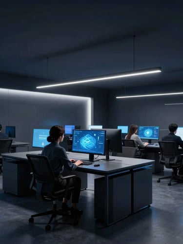 Wide cinematic view of a modern, minimalist office interior with sleek dark furniture and large monitors, subtle blue and white neon lighting, professional non-cliché team collaboration, focus on clean lines and high-tech environment, premium dark-mode digital art.