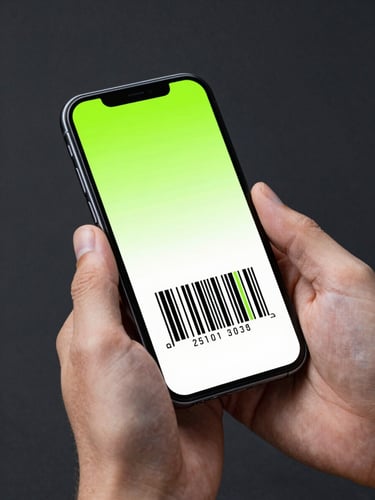 Bright high-key product photography, close-up of hands holding a smartphone displaying a glowing digital barcode, vibrant neon green accents, deep charcoal studio background, sharp focus, 35mm