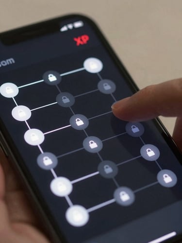 Close-up of a clean dark-mode mobile UI screen showing a skill progression map — branching nodes connected by lines, some glowing white as unlocked, others dimmed as locked, a red XP counter visible in the top corner, hand partially visible swiping the interface, soft studio light from above