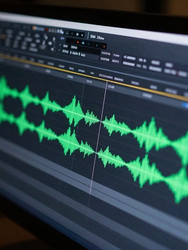 Close-up of professional video editing software timeline with vibrant green audio waves on a dark studio monitor, high contrast, sharp focus, 35mm