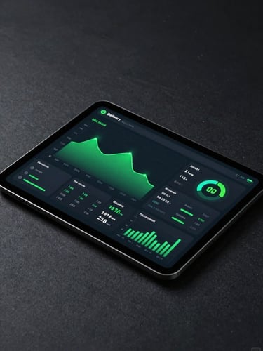 High-contrast mockup of a modern delivery sales dashboard on a tablet screen, glowing green graphs, sales metrics, dark graphite background, cinematic commercial photography