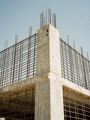 Low-angle architectural construction photography of a raw concrete column and heavy steel rebar grids under harsh Kuwaiti desert sunlight, high-contrast, industrial 35mm film.