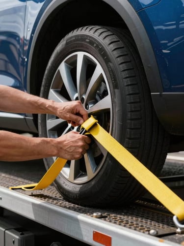 Close-up of professional hands securing a car wheel with heavy-duty yellow straps on a modern flatbed tow truck, natural daylight, high-contrast details.