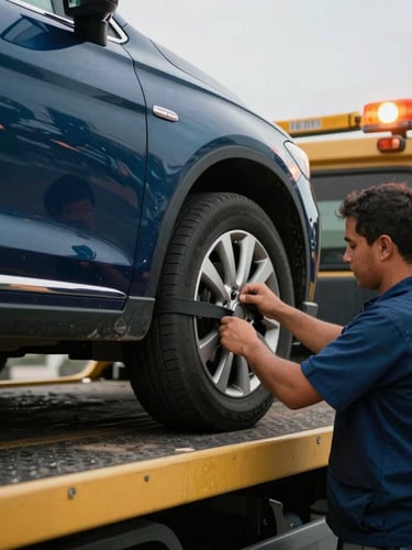 Close-up of a professional operator checking the secure wheel straps of a passenger car on a flatbed tow truck in Lima, daylight, 35mm