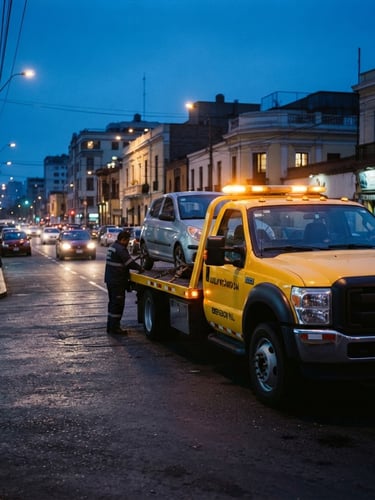 Dynamic editorial photo of a modern yellow flatbed tow truck parked on a Lima street at dusk, emergency amber beacon lights glowing softly, high contrast, 35mm.