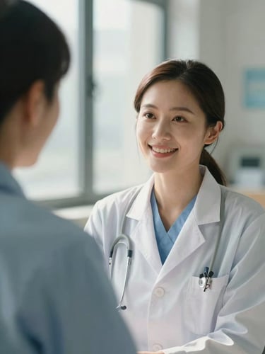 A professional female physician in a warm, sunlit clinic environment, smiling gently, collaborative setting, soft natural window light, calming muted blue and sage tones, shallow depth of field