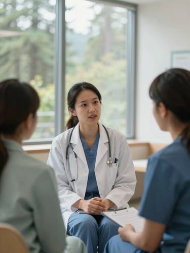 A warm editorial photograph of a female physician in collaborative discussion with a colleague in a bright, modern clinic with soft natural window light, Pacific Northwest forest visible outside.