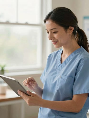 A professional medical care coordinator in a bright, sunlit Pacific Northwest clinic, reviewing digital records on a tablet with a warm, reassuring expression, soft natural lighting