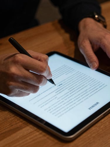 Close-up of hands signing a digital document on a tablet, warm wooden desk, low-key dramatic lighting, focus on tactile texture