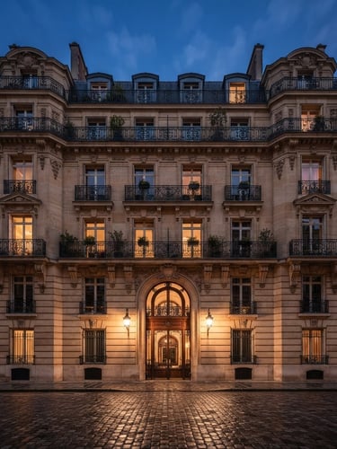 Symmetrical architectural perspective of a classic Parisian stone facade, deep shadows, warm bronze lighting, editorial financial photography style