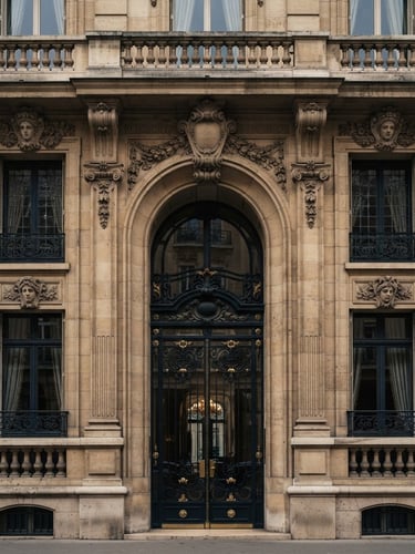 Symmetrical architectural detail of a prestigious classical Parisian stone facade, deep matte shadows, warm bronze lighting, soft daylight contrast