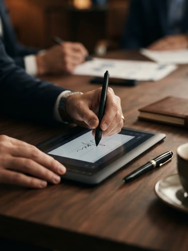 Editorial financial photography, close-up of hands signing a digital tablet on a dark wooden table, warm bronze undertones, deep matte shadows, 35mm lens