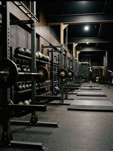 Wide environmental shot of a pristine premium gym interior, high-contrast dramatic key lighting highlighting knurled steel barbells and clean lines, deep charcoal and gold tones, 35mm lens.