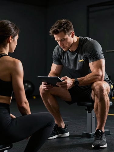 Moody athletic photography of a dedicated trainer analyzing metrics on a tablet with a client on a clean gym floor, high-contrast dramatic studio lighting, sharp focus.